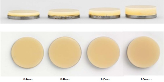 SR Nexco는 0.6~1.5mm 두께의 덴틴 테스트 결과에서 디스크 간 색상에 크게 차이가 없을 정도로 안정적인 셰이드를 구현했다.