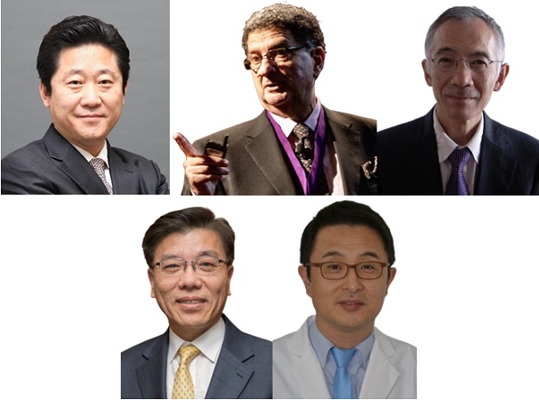 (위 왼쪽부터)권긍록 보철학회장, Dennis TARNOW 교수, Hitoshi KATO. (아래 왼쪽부터)한중석 교수, 정창모 교수.