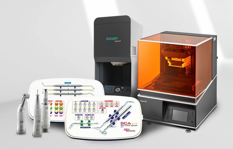 (왼쪽부터)네오피스(로우핸드피스), SLA Kit, SCA Kit, Zirom Speed(소결로), NeoSpeed10(3D프린터).